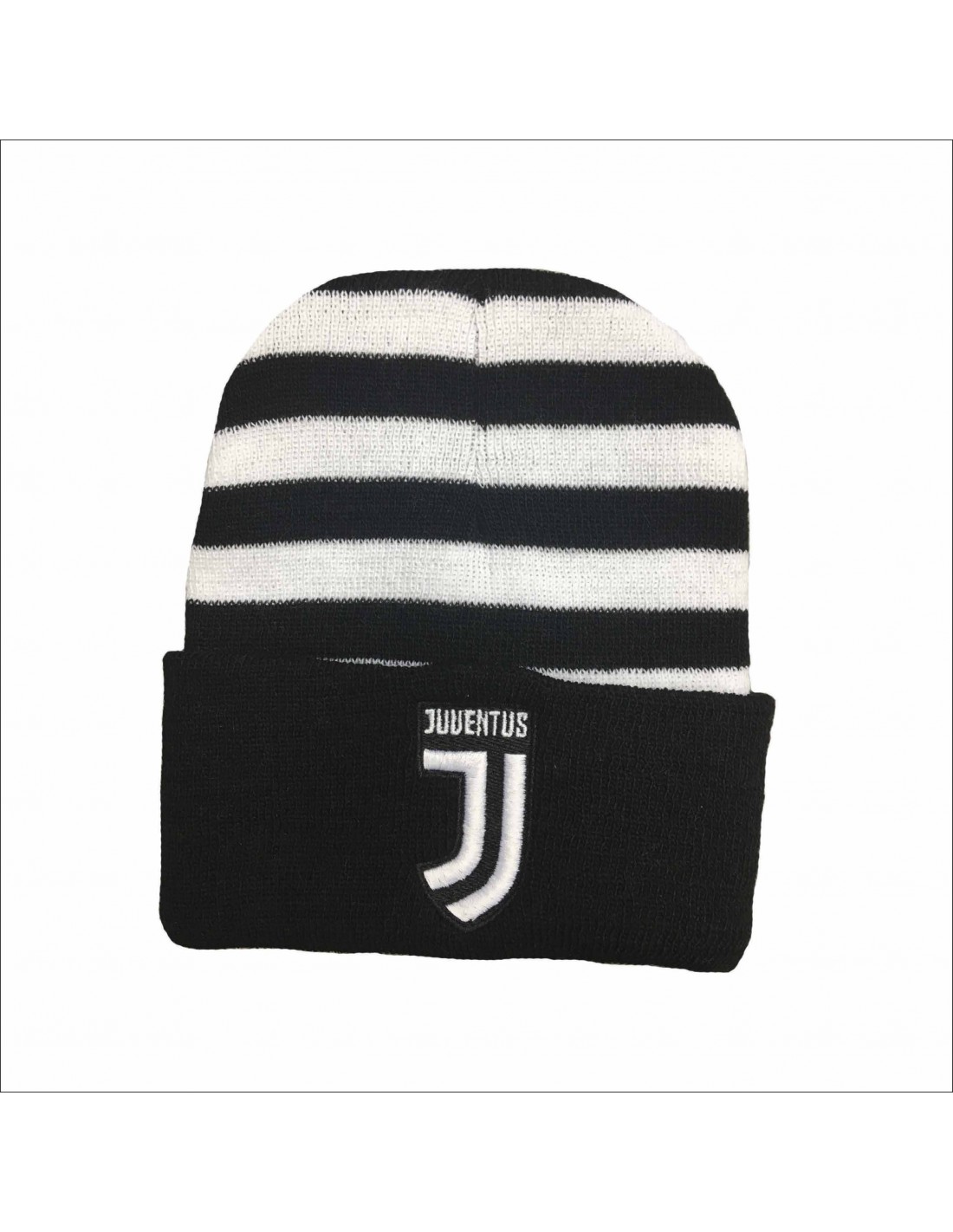 Cappello Juventus Beanie in Acrilico Striscie Bianco Nero con Logo Bianco